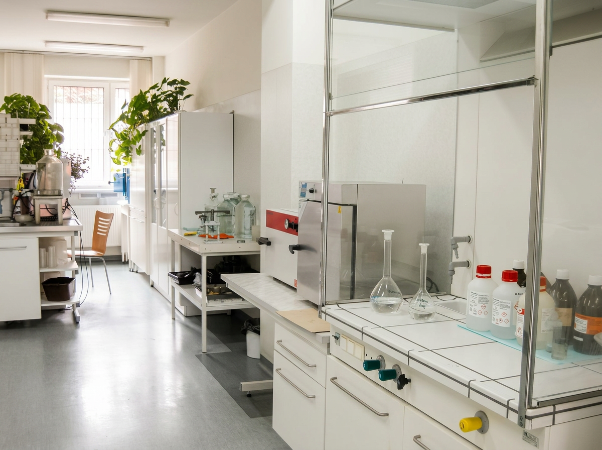 Główna sala analityczna i aparatura laboratoryjna.
